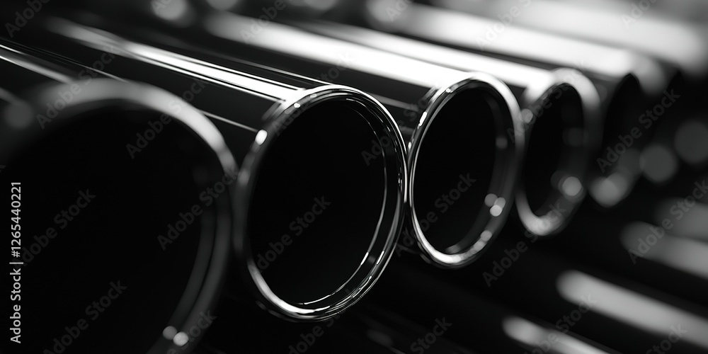 Poster close-up view of shiny metal pipes arranged in parallel, capturing light and shadow at an artistic a