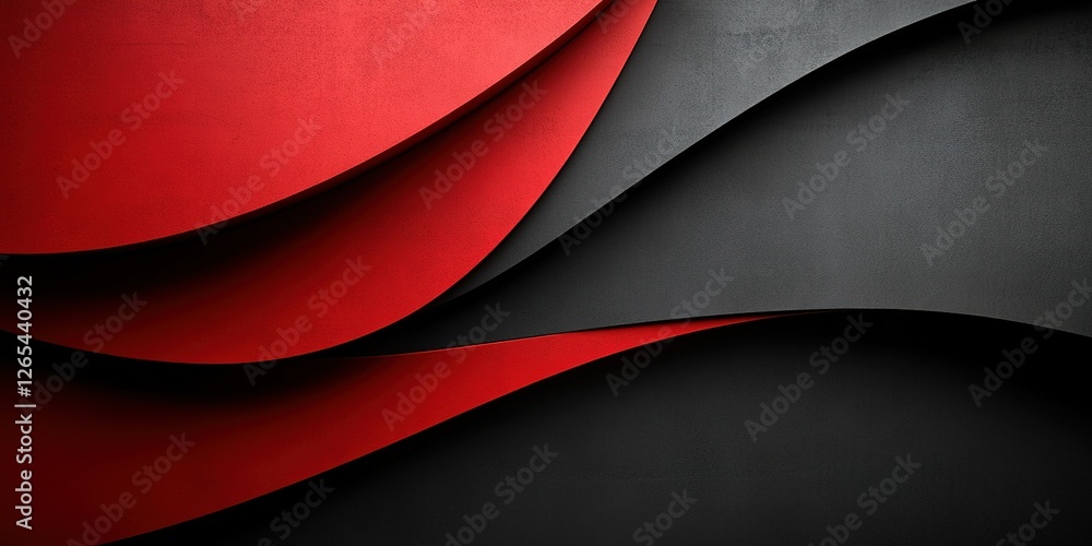 Poster bold red and black abstract design with layered curves and smooth textures enhancing visual interest