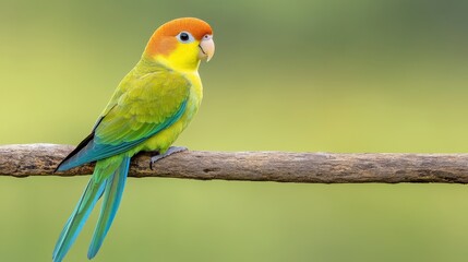 Obraz premium Colorful Parrot Perched on a Branch Against a Soft Green Background