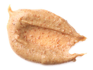 Sample of tasty nut butter isolated on white, top view