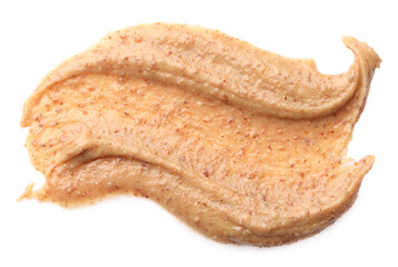 Sample of tasty nut butter isolated on white, top view