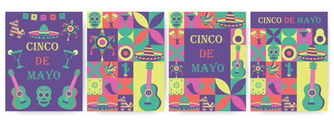 Cinco de mayo flyers, banners. Cinco de mayo items in simple geometric shapes, geometry minimalistic style for card, invitation, poster, flyer, web design