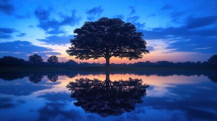 Fototapeta premium Sunrise Tree Reflection Peaceful Lake