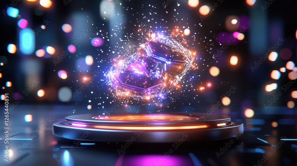 Poster vibrant holographic display featuring glowing geometric shapes surrounded by sparkling particles, cr