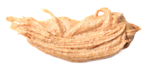 Sample of tasty nut butter isolated on white, top view
