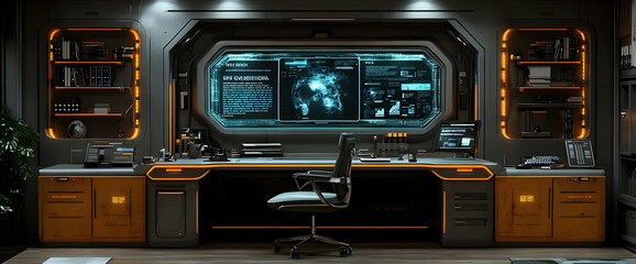 Futuristic Control Panel Room With Orange Accents