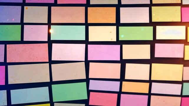 Video footage of colorful array of rectangular sticky notes arranged in a grid pattern on a dark background, creating a visually appealing and organized display