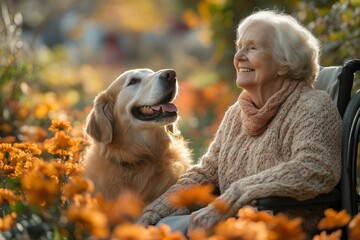 Happy senior woman in wheelchair with golden retriever in autumn park