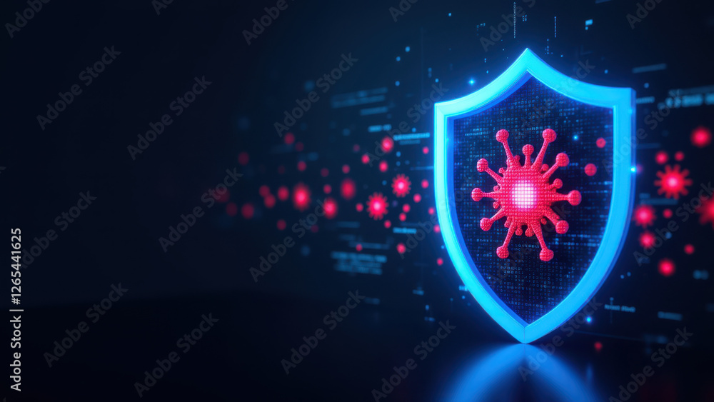 Aufkleber the image depicts a stylized shield with a red virus symbol at its core, set against a backdrop of d