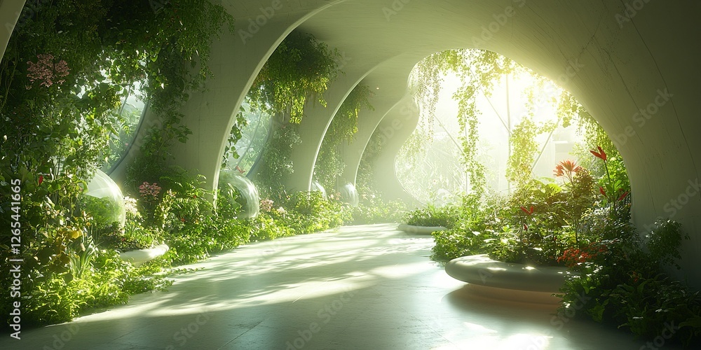 Poster lush indoor garden with sunlight filtering through unique architectural design in a serene setting