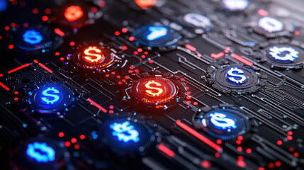 Fototapeta premium Dynamic holographic currency symbols illuminated on circuit board, showcasing futuristic financial concept. vibrant colors create engaging visual experience