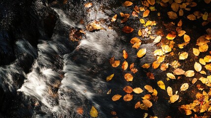 Obraz premium Autumn leaves on rocks near cascading waterfall