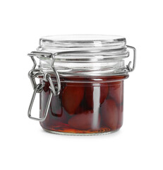 Pickled olives in glass jar isolated on white