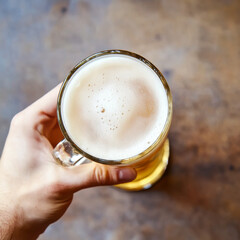Enjoying a cold beverage in a sunlit setting while holding a glass mug