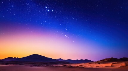 A breathtaking view of a starry night sky over majestic mountains, showcasing a vibrant gradient of colors transitioning from deep blue to warm orange hues, perfect for nature love