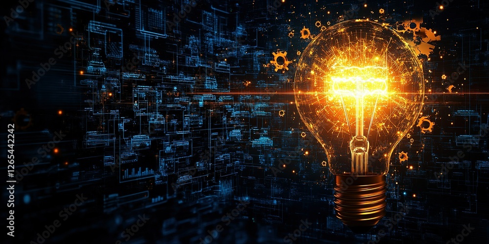 Poster bright light bulb illuminating digital data patterns in a modern technological environment
