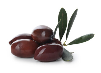 Delicious marinated black olives and leaves isolated on white