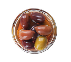 Delicious marinated olives in bowl isolated on white, top view