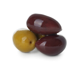 Delicious marinated black and green olives isolated on white