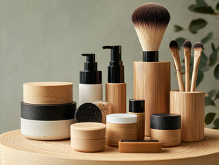 High end zero waste beauty product display featuring eco friendly containers, brushes, and skincare items arranged aesthetically on wooden surface