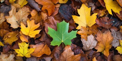 Fototapeta premium Fallen autumn leaves in shades of yellow and brown with a single fresh green leaf standing out. Seasonal nature background
