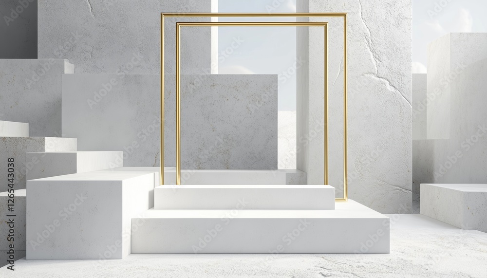 Poster modern showcase scene featuring rendered abstract design with white cobblestone blocks and golden sq