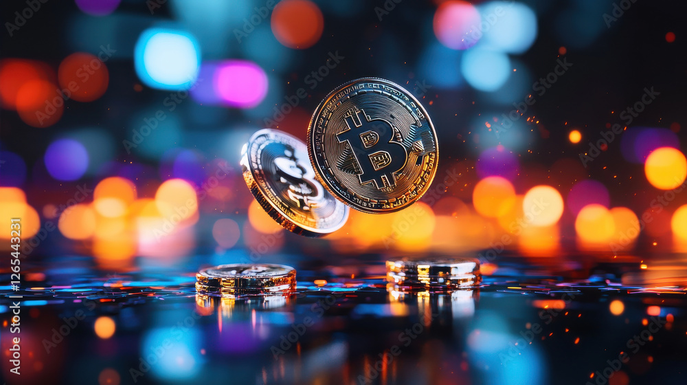 Poster holographic floating currency symbols above glowing background create vibrant and dynamic scene. shi