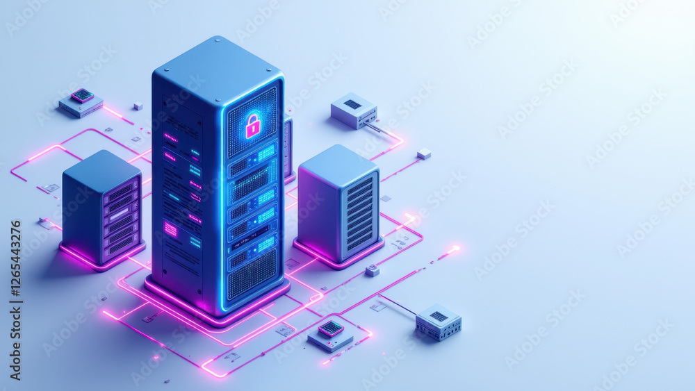 Poster a futuristic concept where data centers or server towers are interconnected by vibrant pink-colored 