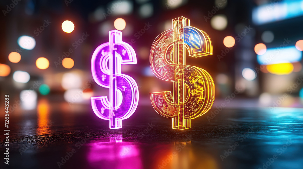 Poster intricate holographic currency symbols glowing in vibrant colors, creating captivating visual effect