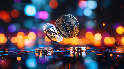 Holographic floating currency symbols above glowing background create vibrant and dynamic scene. shimmering coins represent digital finance and innovation