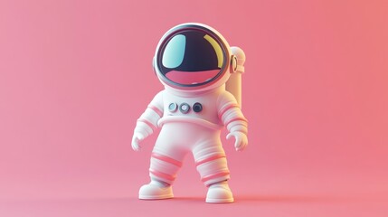 Happy cartoon astronaut on pink background, space exploration