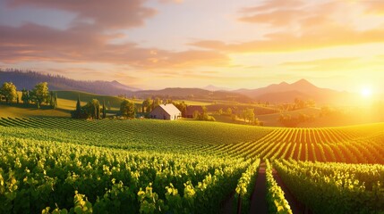 Fototapeta premium A serene vineyard landscape at sunset, with lush green fields stretching towards distant rolling hills. The warm glow of the setting sun casts a magical ambiance over the scene.