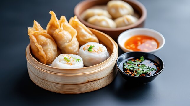 Studio photography of delicious dumplings deep-fried dim sum and spring rolls in asian cuisine