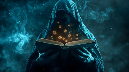 cloaked figure holding an ancient book with magical symbols floating from its pages 