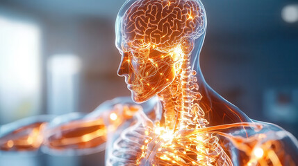 detailed 3D hologram of human body showcasing brain, muscles, and skeletal structure, illuminated with glowing effects, emphasizing anatomical features and complexity