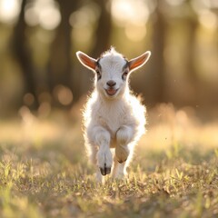 Obraz premium A Joyful Kid Goat Bounding Through Golden Sunset Meadow: A Captivating Image
