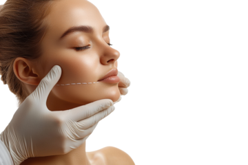 Cosmetic surgery consultation, woman with facial markings, isolated on transparent background