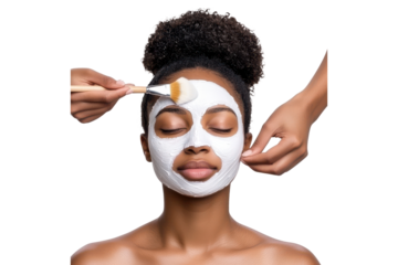 Woman with facial mask, beauty skincare treatment, spa therapy, isolated on transparent background