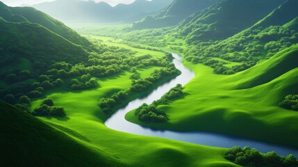 A breathtaking view of lush green hills with a winding river flowing through the valley