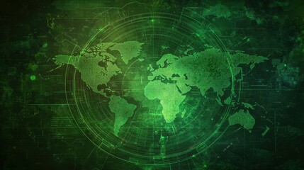 Naklejka premium Green Radar Abstract Circle Background with World Map for Defense Concept