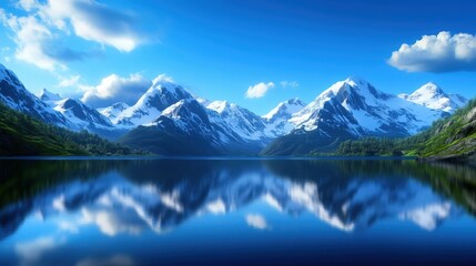 Fototapeta premium Serene mountain landscape with snow-capped peaks reflecting in clear blue water, surrounded by lush greenery under a bright blue sky with fluffy clouds.