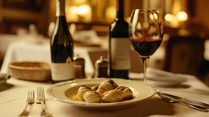 classic French restaurant setting, escargots in garlic butter, fine wine on the table