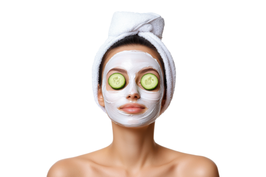 Woman with facial mask and cucumber slices, spa beauty treatment, skincare therapy, isolated on transparent background