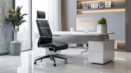 Fototapeta premium A black office chair with a minimalist design, placed in front of a clean white desk.