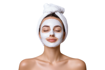 Woman with facial mask, spa beauty treatment, skincare therapy, isolated on transparent background