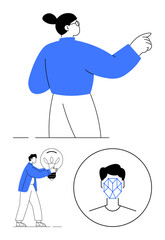 Person gestures forward, another presents lightbulb as innovation, abstract geometric face icon highlights AI or identity theme. Ideal for teamwork, AI, leadership, creativity, innovation