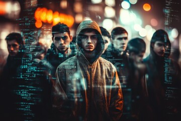 Group Of Hackers. Hooded Figures in Cyber Space, Coding in the Dark