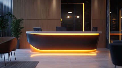 An elegant corporate reception desk with a glowing company logo, contemporary furniture, and warm lighting.