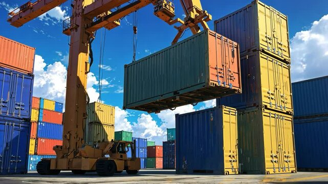 Video footage of large crane lifts a green shipping container in a busy yard filled with colorful stacked containers under a bright blue sky with clouds