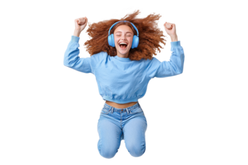 Cheerful girl jumping in blue outfit with headphones, PNG